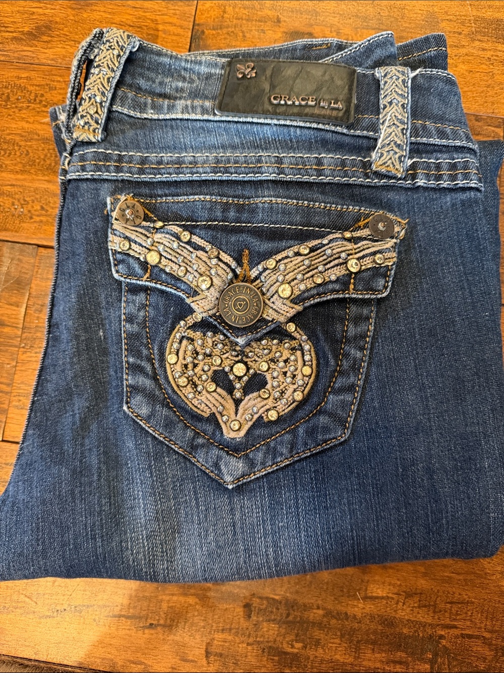 Grace in LA Dark Blue Bootcut Jeans with Embellished Back Pocket Sz 29 x 33